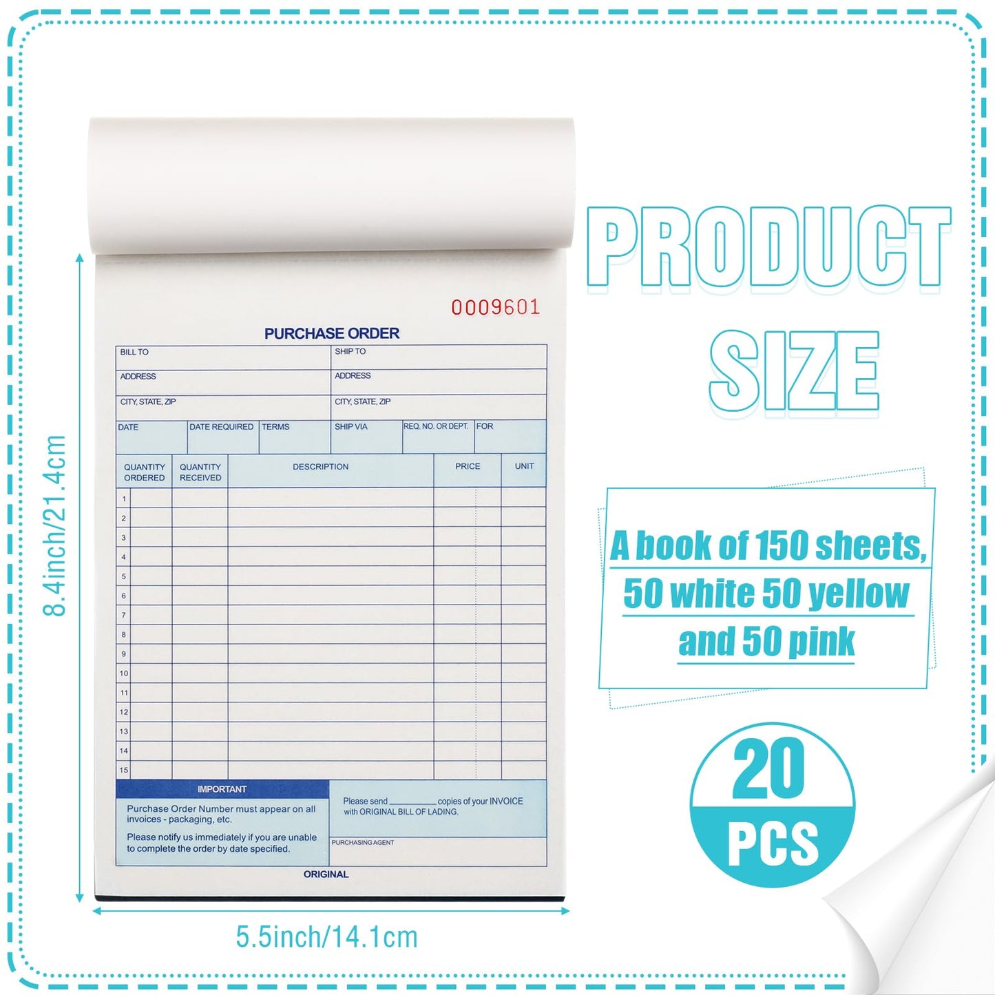 Lincia 20 Pack Purchase Order Book 3 Part Carbonless Purchase Order Forms for Small Business with Carbon Copies Cover, 50 Sets Per Book, 8.4 x 5.5 Inch