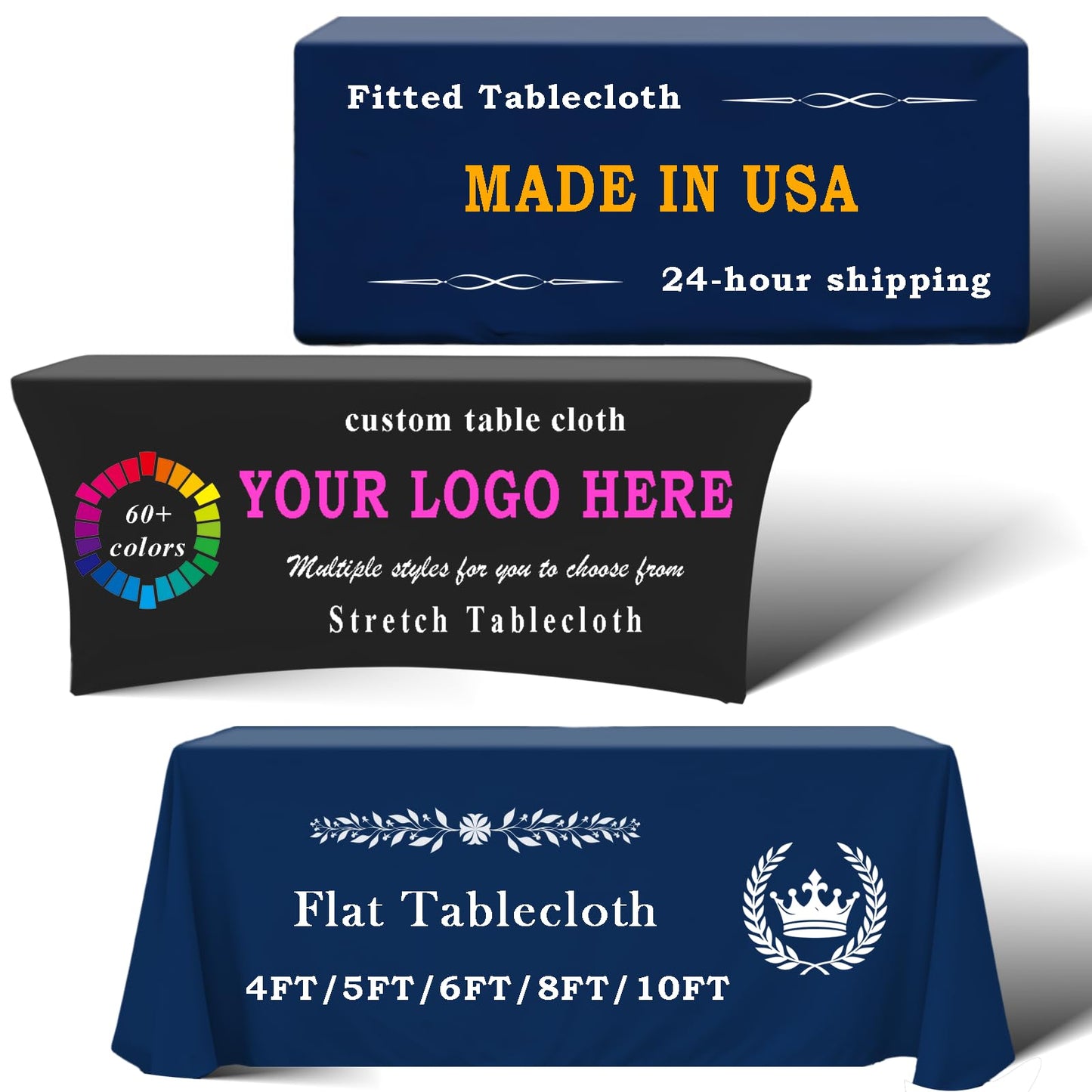 Raxovylz Custom Table Cloth with Logo Text Image Multiple Sizes 4FT 5FT 6 FT 8FT Personalized Tablecloth for Tradeshow Events School Associations Shop Church Club (Flat Tablecloth, 4FT Back Open)
