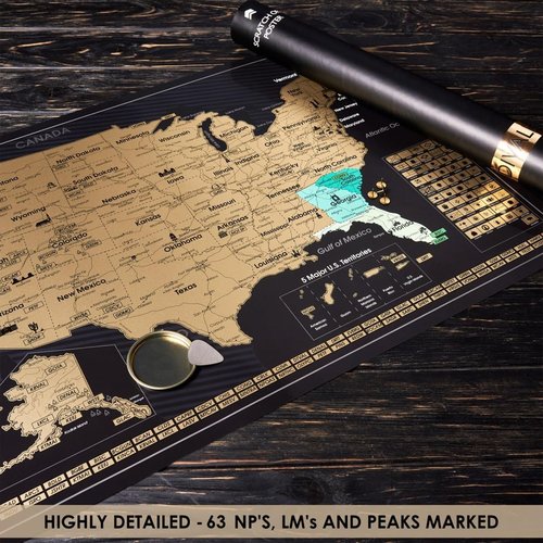 Detailed Scratch off USA Map with Scratcher - 24x16 Easy to Frame 63 National Parks Scratch Off Travel Poster of the United States of America - Large Scratchable US Map with Landmarks and States Flags