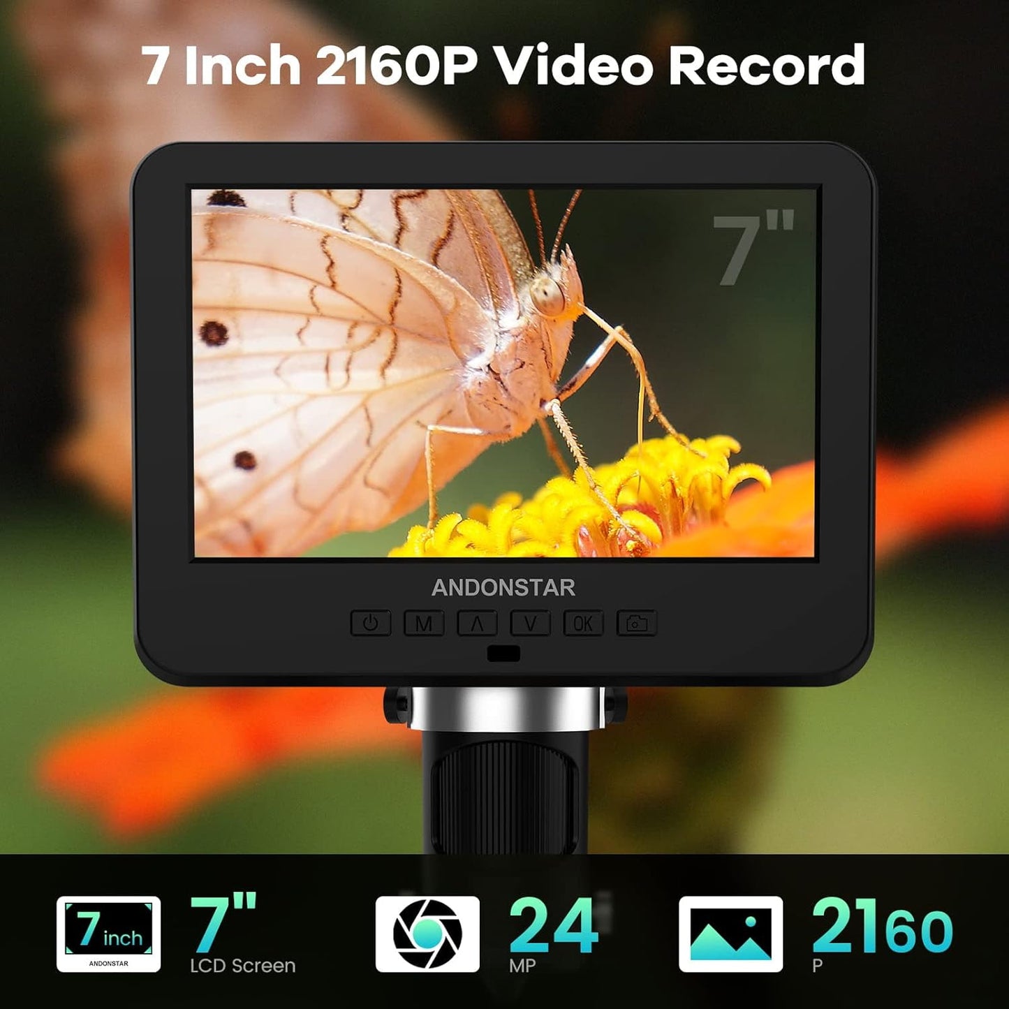 Andonstar AD246S-M HDMI Digital Microscope - 2000x Magnification, 2160P UHD Video, 7-Inch LCD Display, Pro Boom Arm Stand