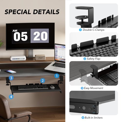 AX WABER Keyboard Tray Under Desk Pull Out with Extra Sturdy Adjustable C Clamp Mount System, 27.3 (32.5 inch Including Clamps) x 11 Inch Slide-Out Platform Computer Drawer for Typing, Black,AX01WB01