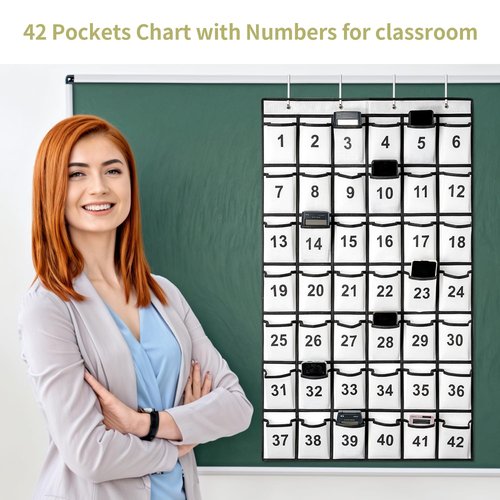 SAVERHO 42 Pockets Numbered Classroom Pocket Chart for Cell Phones, Hanging Pocket Chart Storage for Classroom Phone Calculator Holder with 4 Hooks and 42 Clear Numbers Printing (White-42pockets)