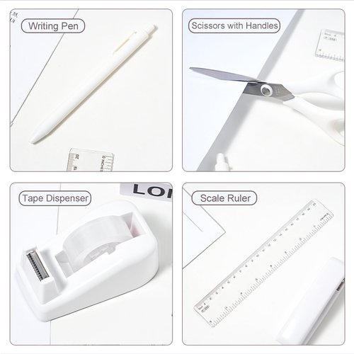 COMFYROOM Desk Accessories with Pen Holder, Office Supplies Desk Organizers and Accessories, Tape Dispenser, Stapler, Staple Remover, Staples, Clips Set, Ruler, Scissor, Pen, Tape (White)