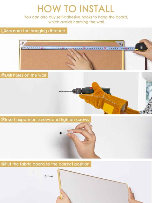 Bulletin Board 30 x 20 inches, Oatmeal White Pin Board, Golden Aluminum Framed Fabric Cork Board with 10 Push Pins