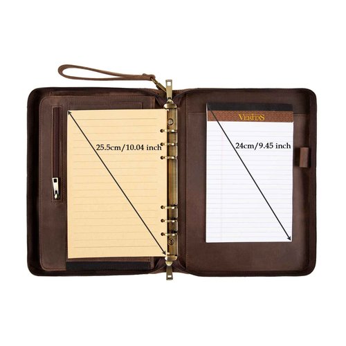 GZRHKJ A5 Genuine Leather Portfolio, 6 Ring Binder Notebook Portfolio, Refillable Planner with Binder Pockets (Standard,Dark Khaki)
