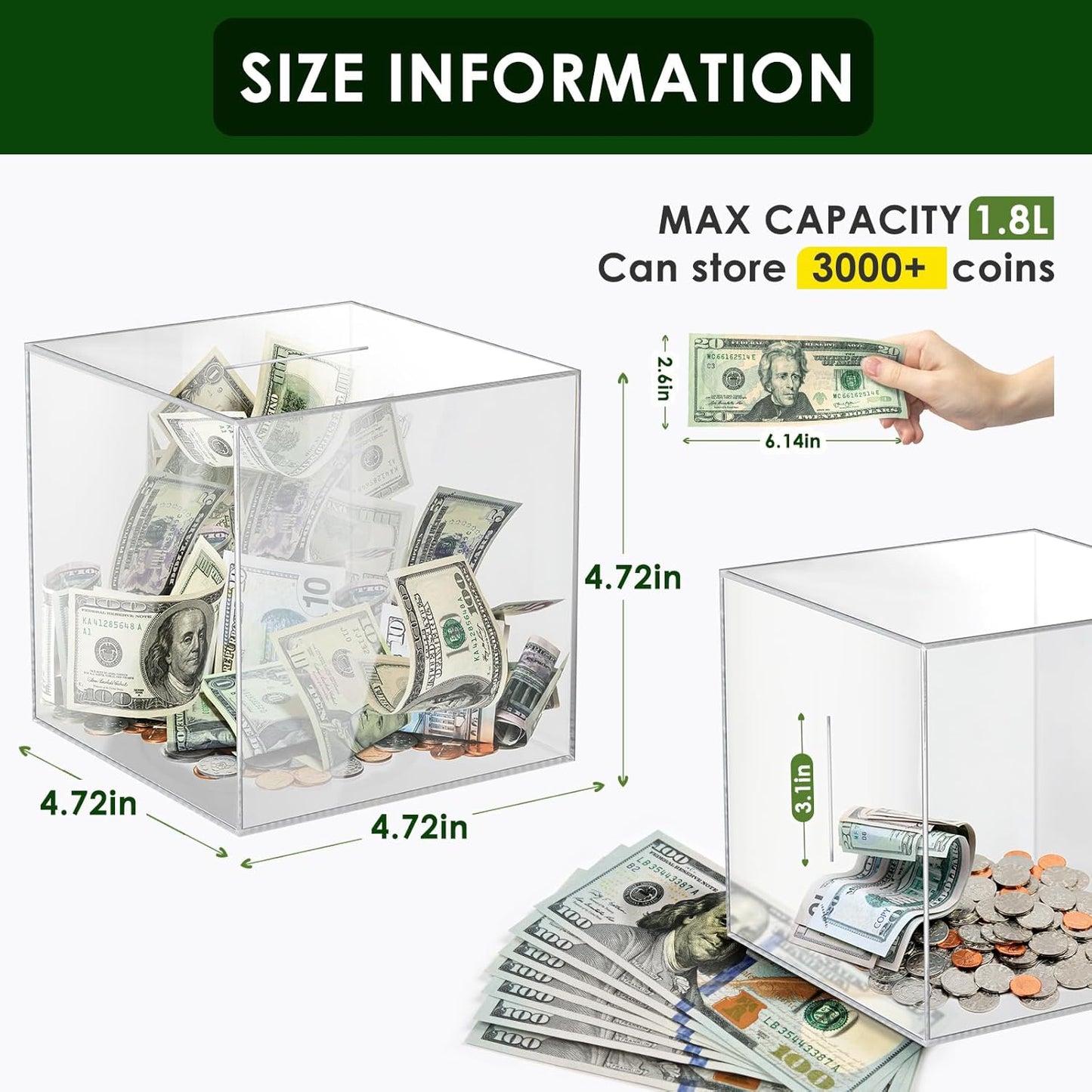 Vcetrcpl Acrylic Clear Piggy Bank - Unbreakable Money Saving Box for Adults | Large 12x12CM Size