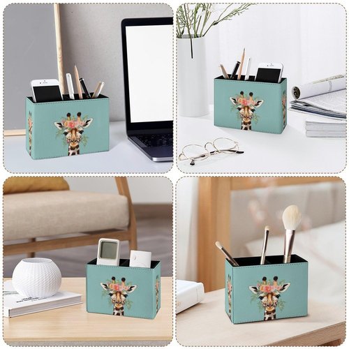 Famame Cartoon Flowers Giraffe Pencil Holder for Desk, Leather Desktop Container Pen Cup Storage Study Table Pen Organizer Makeup Brush Holder for Classroom Office Home