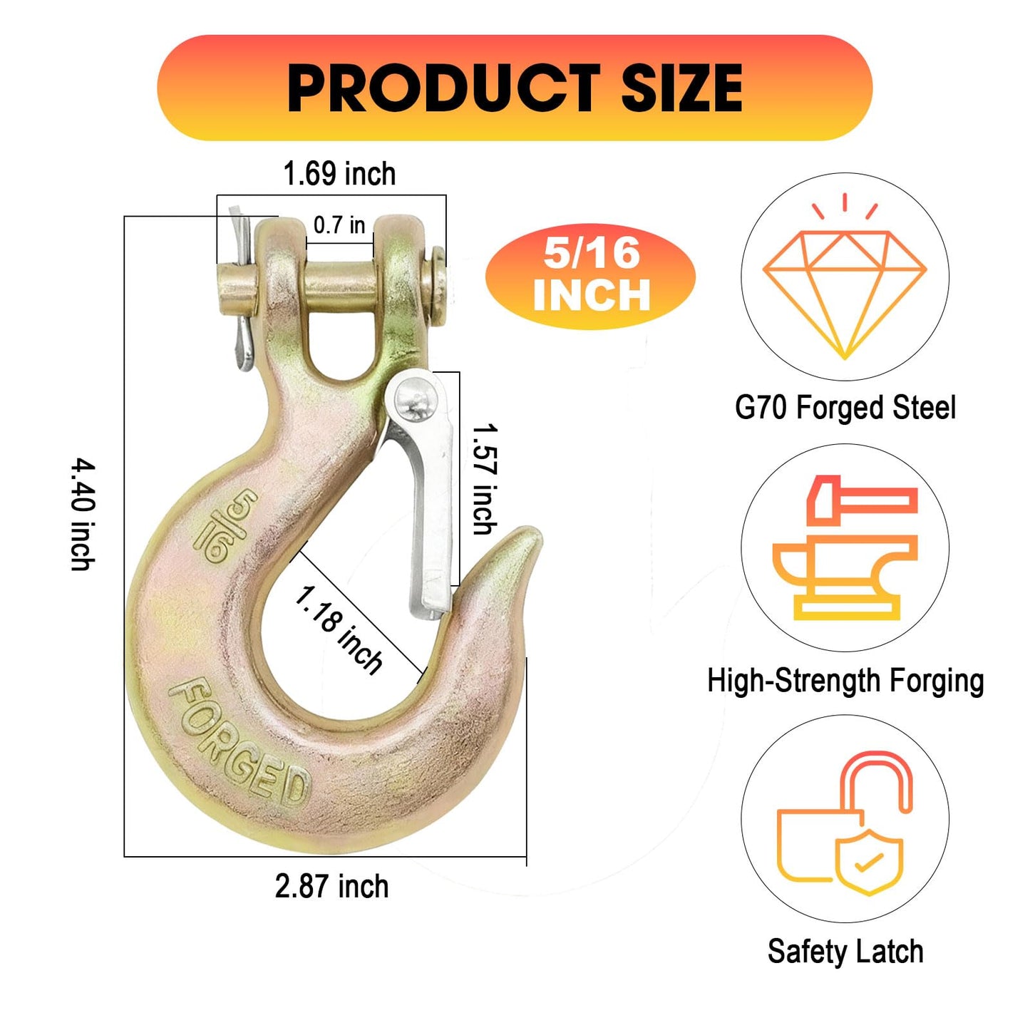 AYAYGD 5/16 Inch Clevis Slip Hook with Safety Latch, 4 Pack Heavy Duty Chain Hooks for 5/16" Trailer Safety Chain, Forged Steel G70 Clevis Hook for Trailer Truck Winch Tow, 14,000 Lbs. Capacity.