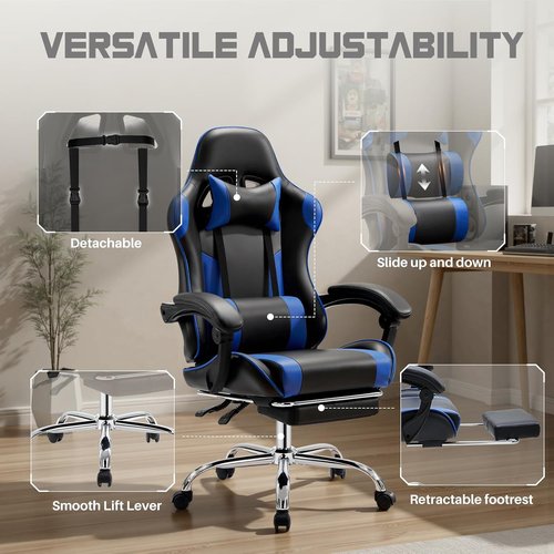 DUMOS Ergonomic Gaming Office Chair - Height Adjustable with Footrest & Headrest | Deep Blue PU Leather