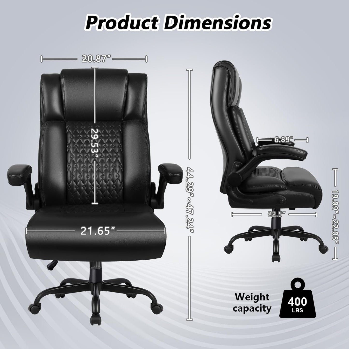 Big and Tall Office Chair - 400LBS Heavy Duty Ergonomic Executive Desk Chair with Lumbar Support | Black PU Leather