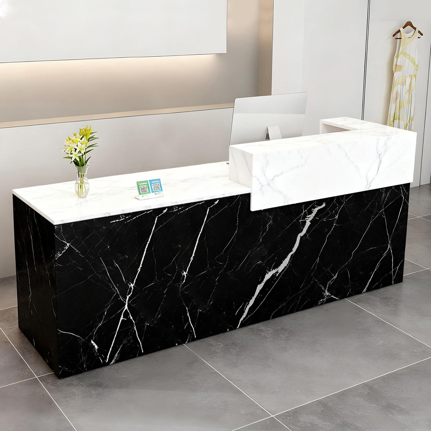 Modern Reception Desk with Drawer & Open Shelves, 39-95 Inch Front Counter Table, Computer Workstation Suitable for Salons, Offices, Lobbies, Retail Stores and Home Offices