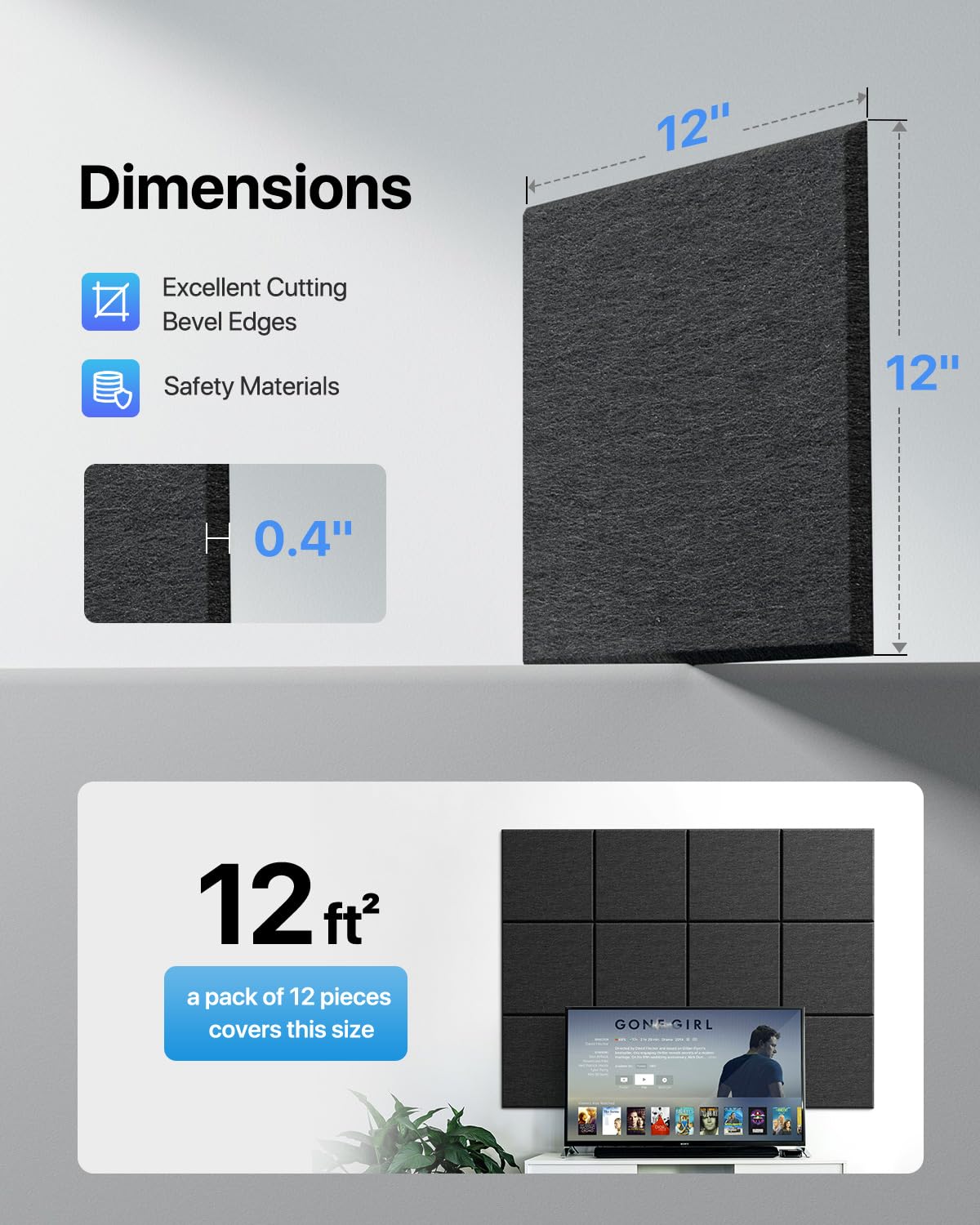 Acoustic Panels 12 Pack Square Soundproof Wall Panels with 60 Adhesive Tapes, High Density Acoustic Foam Panels Sound Proof Foam for Home Office, Recording Studio, Ceiling, 12" X 12" X 0.4"