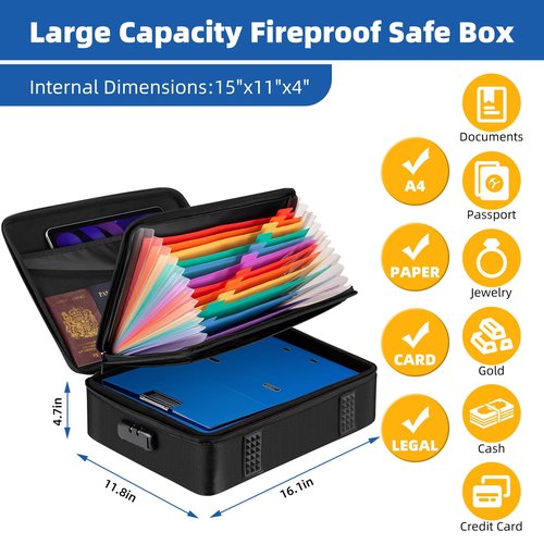 Fireproof Document Box with Lock, Durable Hard Case File Organizer Fire Safe Box, Hard-Shell Design Waterproof Fireproof Safe Important Document Organizer Safe File Box For Home Documents