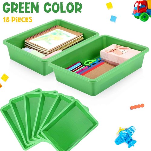 Hoteam 18 Pcs Flat Storage Organizer Bins Letter Size Paper Tray Classroom Storage Plastic Art Trays Classroom Pencil Organizer Baskets for School Office Teacher Book Organization(Green)
