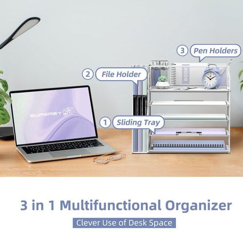 SUPEASY Desk Organizer with File Holder, 5 Tier Desktop File Organizer with 3 Pen Holders, Paper Letter Tray for Office Home Organization & Storage, Mesh Desk Accessories & Supplies, White