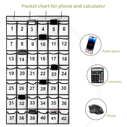 SAVERHO 42 Pockets Numbered Classroom Pocket Chart for Cell Phones, Hanging Pocket Chart Storage for Classroom Phone Calculator Holder with 4 Hooks and 42 Clear Numbers Printing (White-42pockets)