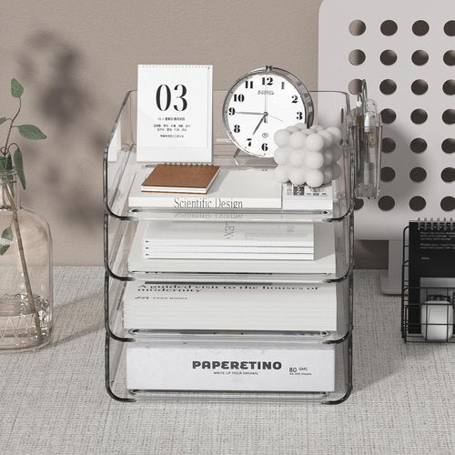 FANXIYQ 4-Tier Acrylic Paper Tray Organizer with Pen Holder | Clear Stackable Desk Organizer for Documents, Letters, A4 Paper | Modern Office/Classroom/Home Organization