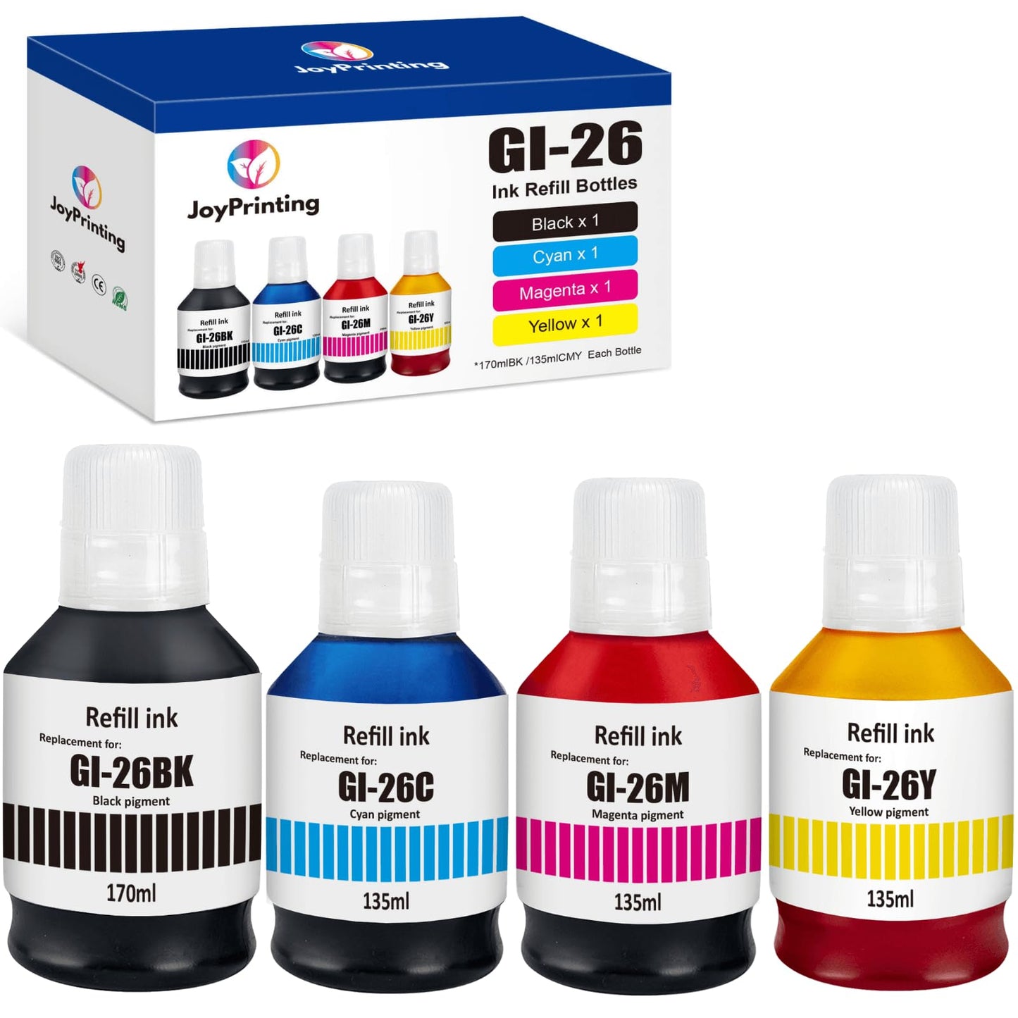 JoyPrinting GI-26 GI26 Ink Refill Bottles Compatible with Canon GI-26 Ink Bottles Work for GX7021 GX6021 GX5020 GX4020 GX3020 GX7020 GX6020 GX6120 Megatank 4 Pack