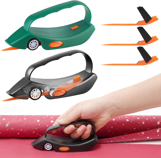 LIZAAL 2-Pack Wrapping Paper Cutter with 3 Replaceable Blades | New Gift Wrap Cutter with Wheels | Birthday and Christmas Wrapping Paper Cutter Slider for Home, Office or Classroom (Black & Green)