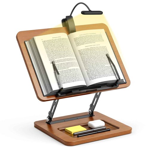 Book Stand for Reading with Light, Book Holders for Reading Hands Free, Adjustable Height & Angle, Fits Cookbook Recipe, Textbook, Kindle,Foldable for Kitchen, Office, School,Gift for Book Lovers