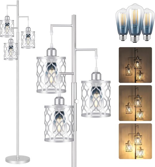 68" Farmhouse Floor Lamp - Dimmable Industrial Design with 3 Edison Bulbs | Rustic Silver Tall Lamp for Living Room, Bedroom & Office