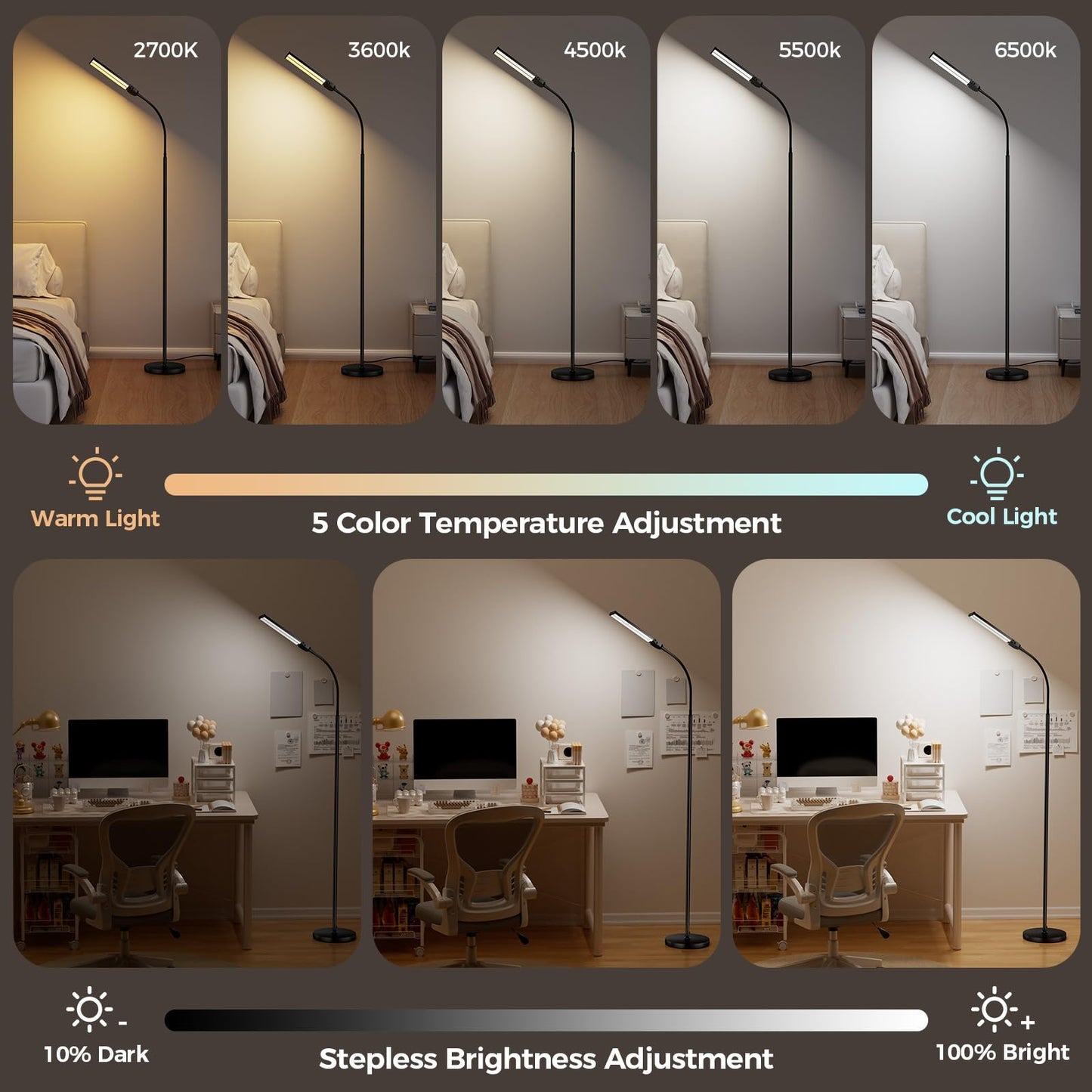 LED Floor Lamp for Living Room, Bright Reading Lamps for Office, Adjustable Colors Temperatures&Brightness, Dual Head Goose-neck Standing Lamp, Remote and Button Control, Eye-Caring Tall Lamp