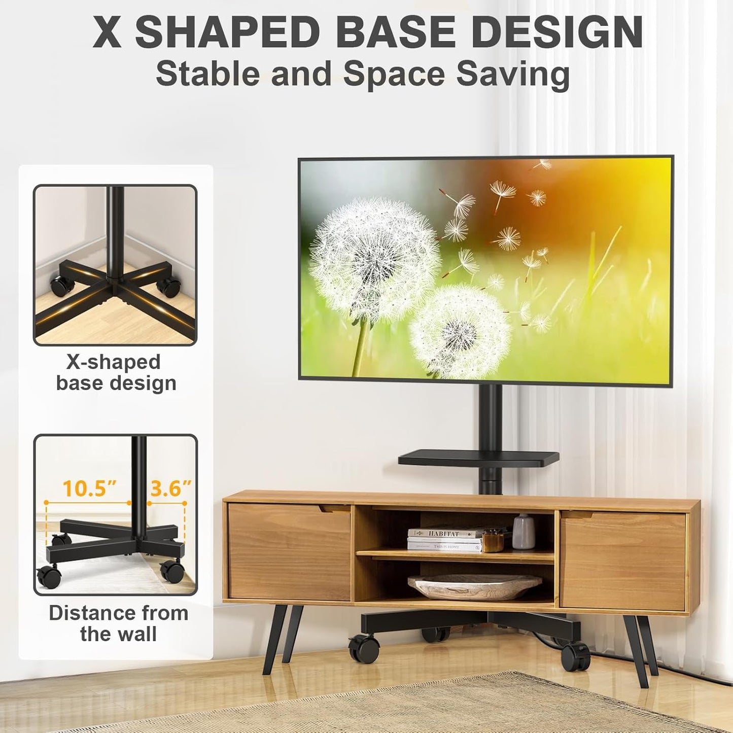 TVON Mobile TV Stand - Adjustable Rolling Cart with Power Outlet for 23-65 Inch TVs | Max VESA 400x400mm