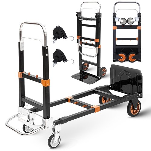 Upgraded 3 in 1 Folding Hand Truck, 600lbs Capacity, Heavy Duty Convertible Dolly with Retractable Handle and 4 Rubber Wheels, Collapsible Cart for Moving Home, Office, Warehouse（Orange）
