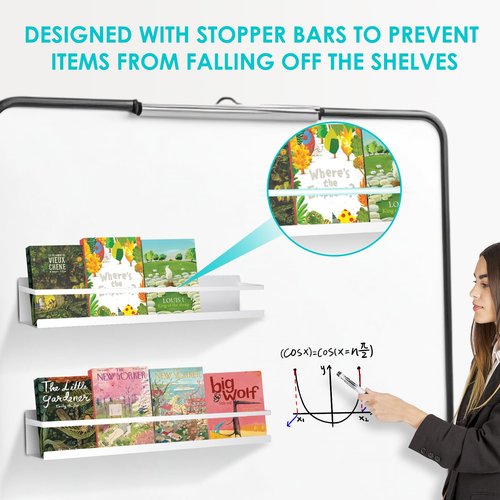 WYLUNBI 2 Pcs Magnetic Metal Book Shelves, 15.7'' x 2.7'' x 2.7'', Special for Whiteboard, Classroom and Fridge Storage, Holds up to 12 lbs