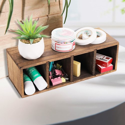 Dicunoy 2 Pack Wooden Pencil Holder for Desk, Rustic Wood Remote Control Holder Caddys, Retro Table Organizer with 4 Compartments for Art Supplies, Pen, Home, Office, School Classroom