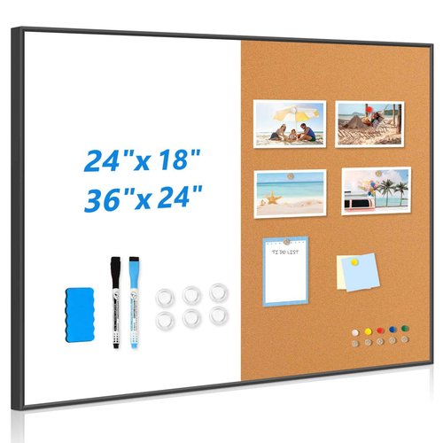 QUEENLINK Magnetic White Board and Cork Board Combo, 24" x 18", Dry Erase Bulletin Board, Black Aluminum Frame, Wall Hanging, for Home Office and School