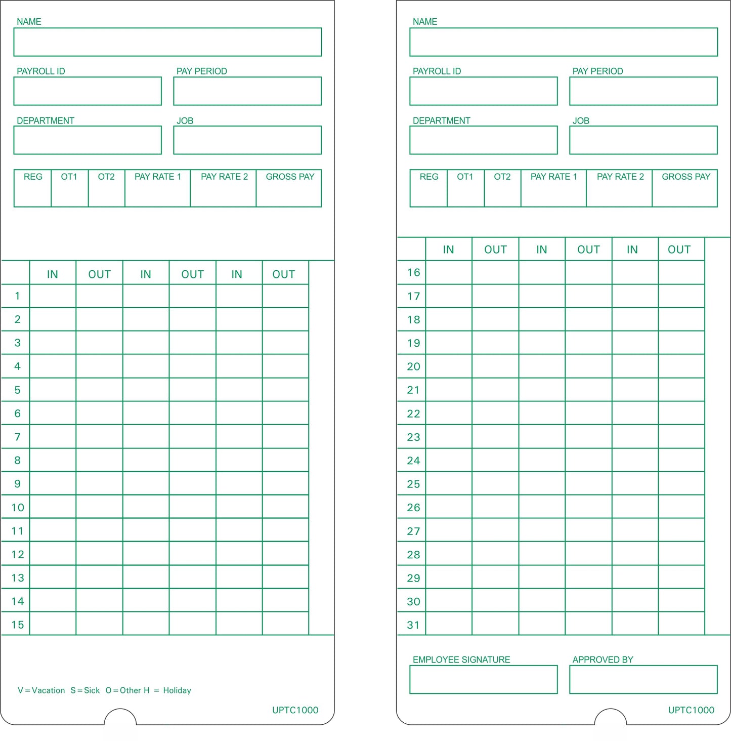 UPTC1000-1 Time Cards, Made In USA, 200-Count, Monthly, 2-Sided, 3 3/8 X 7 5/16, White Card Stock, Green Print Front & Back, Works With uPunch HN3000 Green Front Time Clock