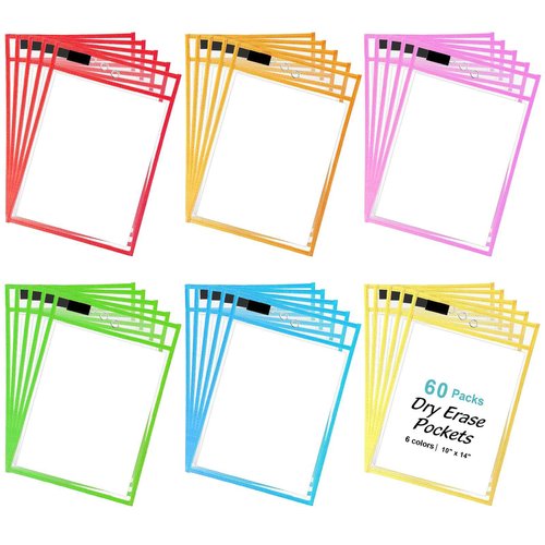 Merkaunis 60 Pack Dry Erase Pockets, 6 Assorted Colors 10 x 14 Inches, Job Ticket Holders, Reusable Plastic Sleeves, Clear Order Ticket Sleeve, Top-Loading with Eyelet for Hanging