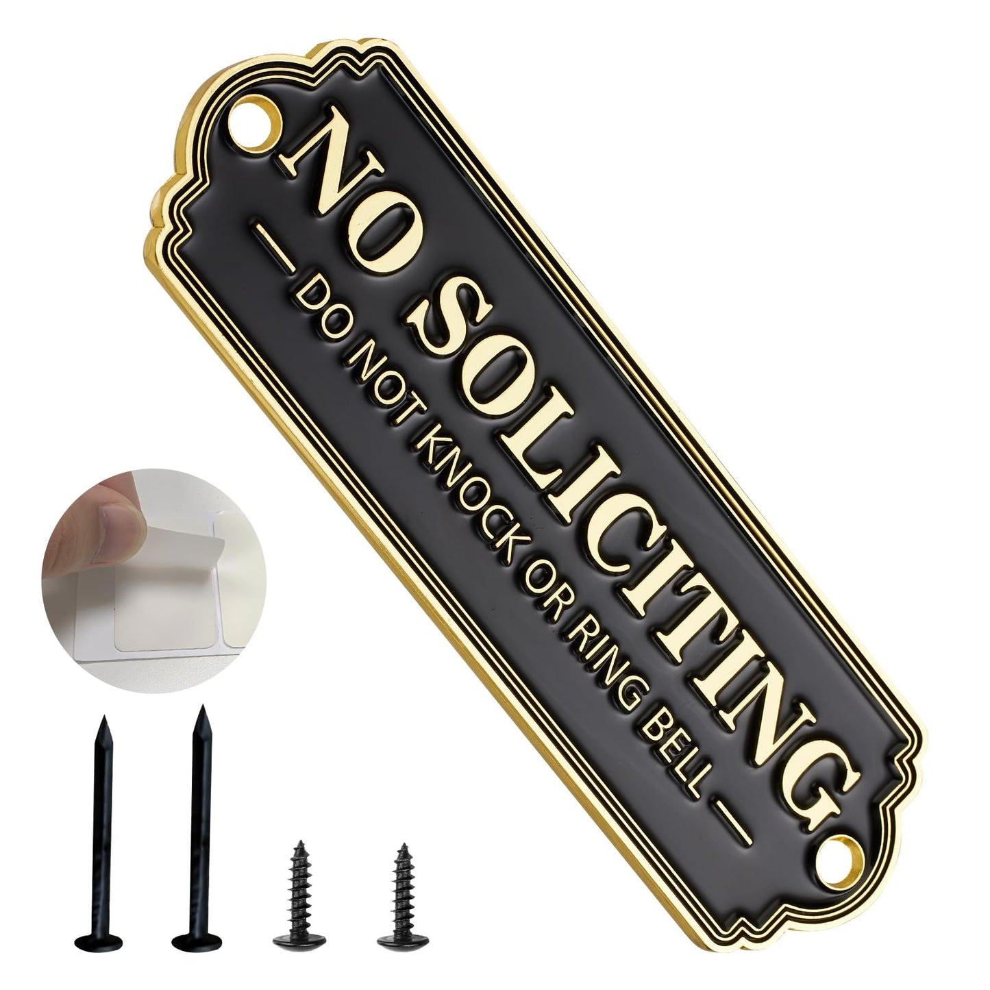 Brass No Soliciting Sign, No Soliciting Sign for House - Solid Brass Wall Plaque Handmade Traditional Home Decor, Elegant No Soliciting Do Not Knock or Ring Bell Sign for Office and Business (Brass No Soliciting Sign Yellow, 5 x 1.6 inches)