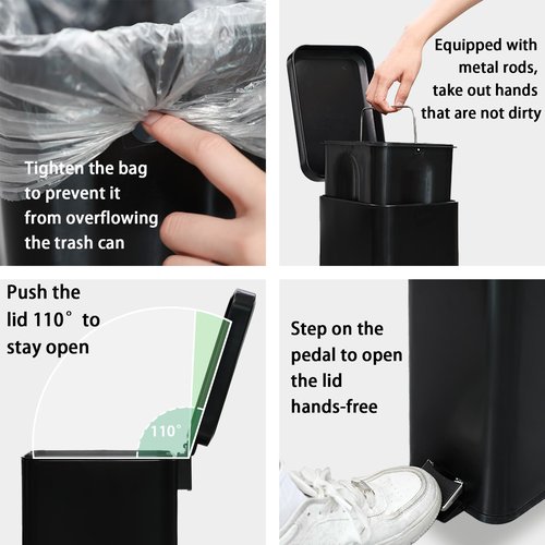 Step Pedal Small Bathroom Trash Can With Lid,12 Liter / 3.17 Gallon Stainless Steel Bathroom Garbage Can,Mini Rectangle Trashcans for Bedroom,Toilet,Living Room and Office Covered Waste Basket,Black