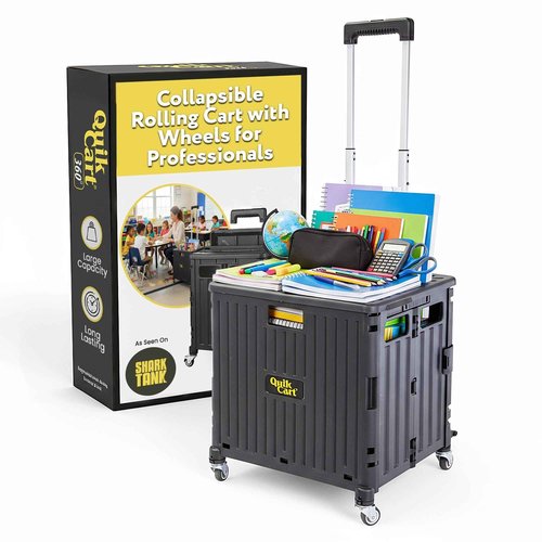 dbest products Quik Cart 360 Rolling Crate with Wheels - Collapsible Utility Cart for Teachers & Home - Heavy Duty Folding Cart with Seat - 80 lb Capacity - Black