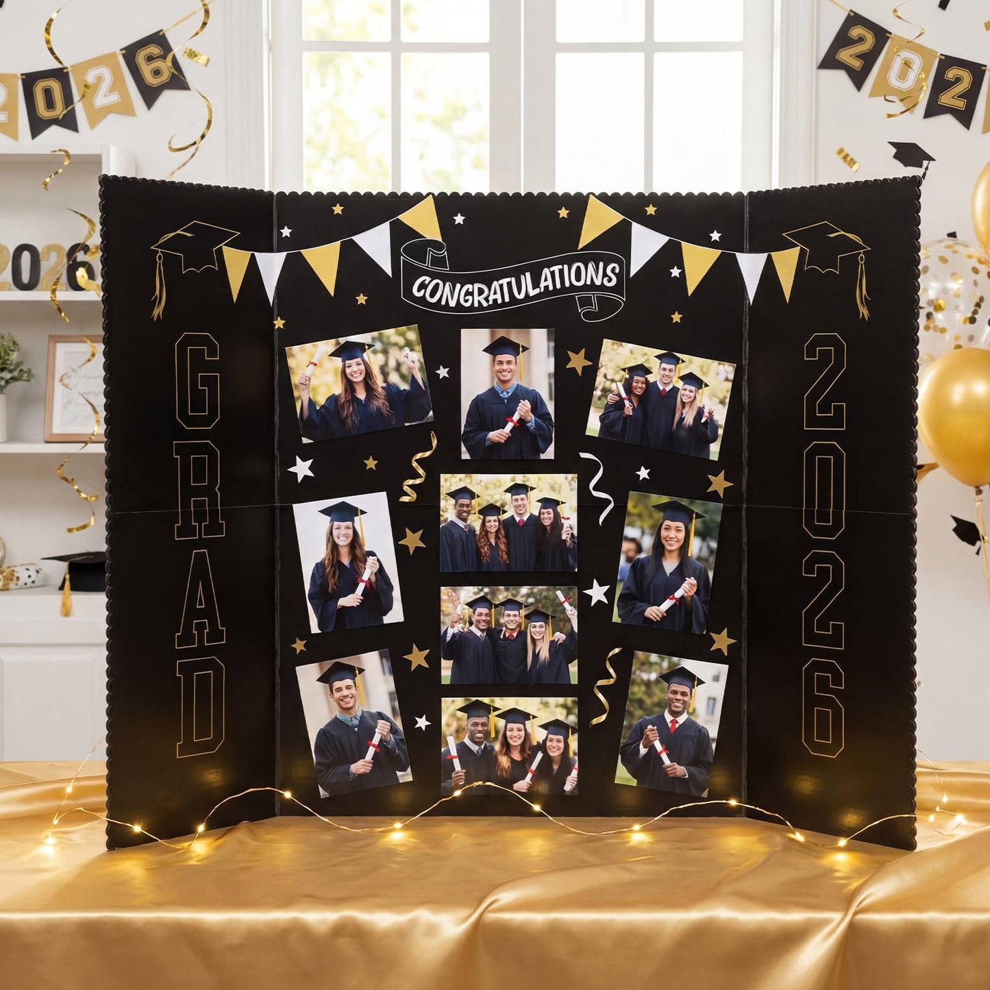 Epakh 2026 Graduation Trifold Poster Board 33 x 20 in Black Gold Senior Night Photo Display Board for Class of 2026 Graduation Photo Frames Picture Display for Grad Party Gift Table Decor