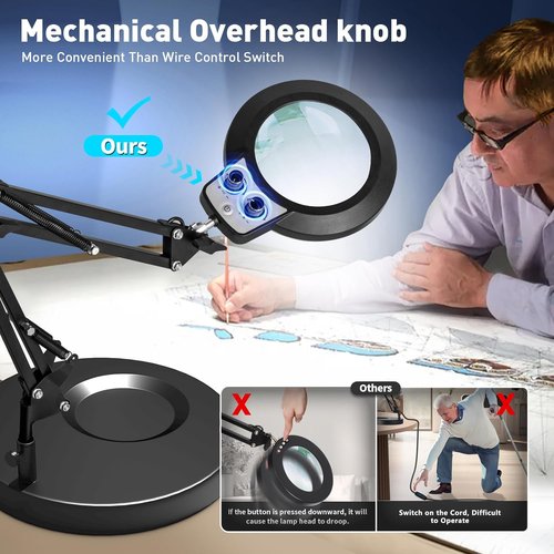 KIRKAS 12X Magnifying Glass - Lighted Stand Magnifier with Real Glass Lens & Stepless Dimming | 9.06" Base & Clamp