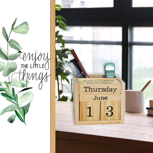 EXQUIDECA Wooden Blocks Perpetual Calendar with Pen Holder - Natural Pine Wood Home Office Desk Organizer -Reusable Date Week Month Accessories Tabletop Ornament