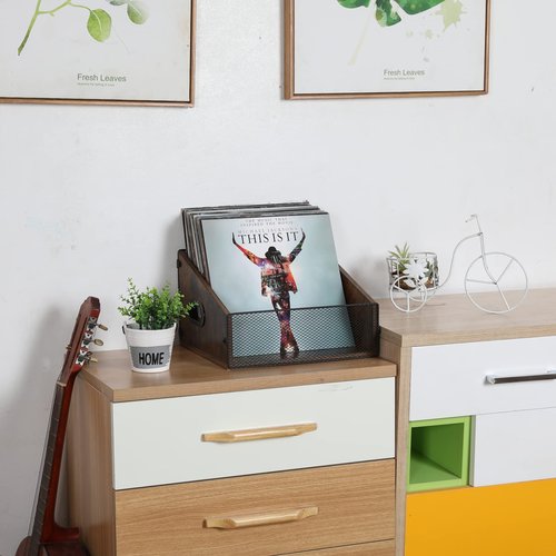 Yuzehuaza Vinyl Record Storage Holder, Trapezoidal LP Vinyl Record Crate with Handle, Wood & Metal Album Storage Desktop Organizer Box for Books Files, Rustic Brown