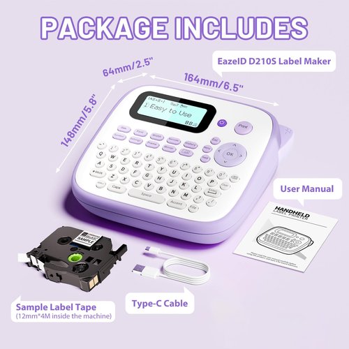 EazeID Label Maker Machine with-Tape Waterproof, Purple Desktop Label Maker for Teachers Kids Classroom, Portable Labeler with Multiple Symbols &Fonts for Home Office School Use, D210S
