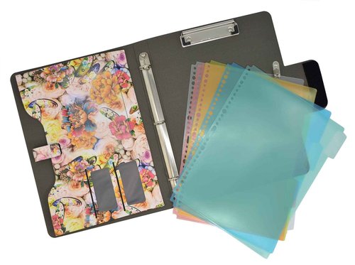 Padfolio Ring Binder with Color File Folders, Flower Painting PU Leather Organizer Portfolio with 3-Ring Binder and Clipboard (Pink)