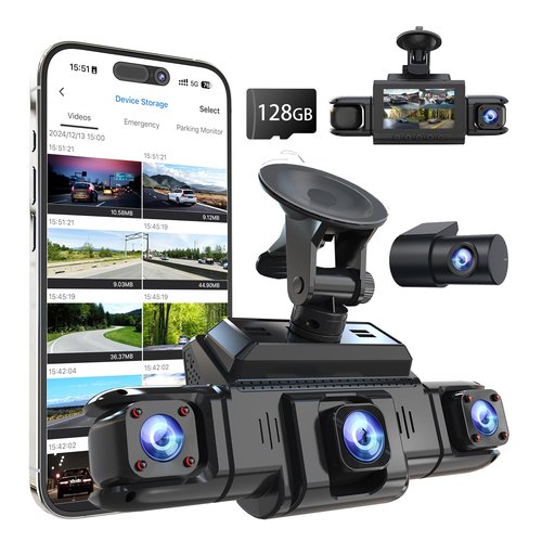 360 View 4 Channel Dash Cam Front and Rear Left Right Inside Camera for Cars, GPS and 5G Band WiFi, Night Vision, 160 Wide Angle, WDR, 24H Parking Mode, Supercapacitor, Included 128GB Card