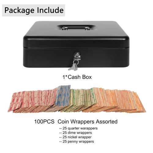 Cash Box with Key Lock and Money Tray - Metal Money Box for Cash Register, Large Cash Lock Box for Money Safe with 100PCS Coin Wrappers Assorted