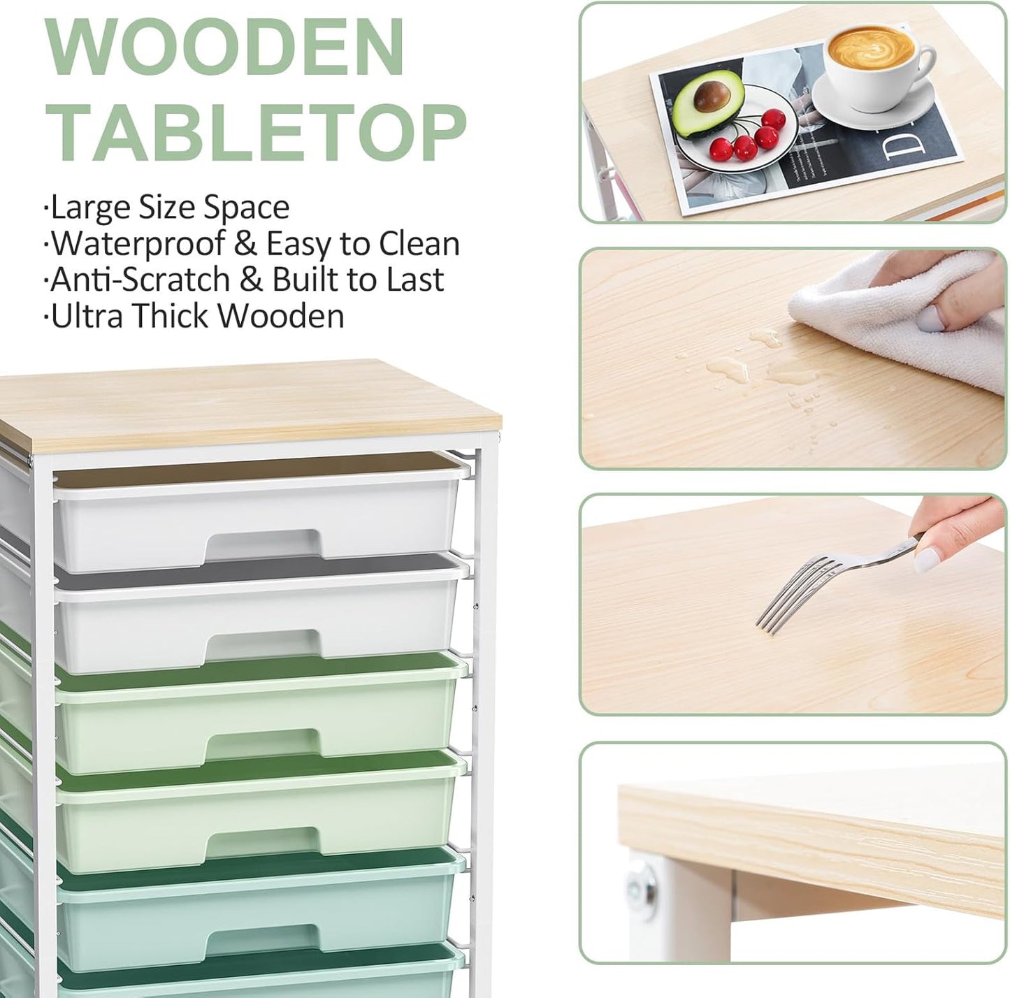 Skiennix Rolling Storage Utility Cart - 8 Drawer Organizer with Wooden Tabletop | Green for Home & Office