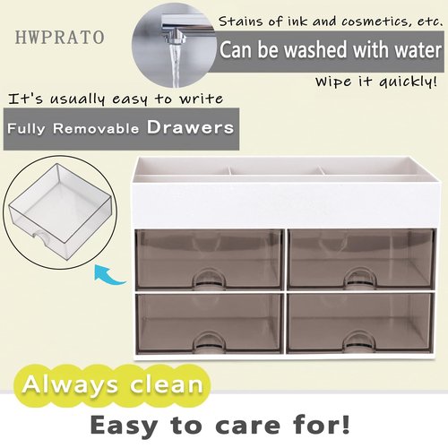 HWPRATO Cute Pen Organizer with Drawer, Multi-Functional Small Desktop Accessories Organizers, Pencil Holder for Desk Office Art Supplies (4 Drawer Desk Organizer-White)