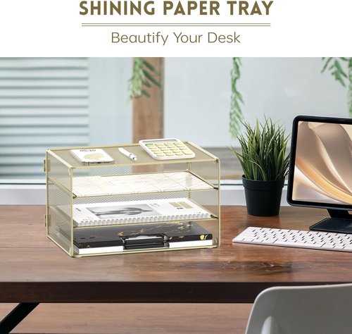 DALTACK 3-Tier Letter Tray - Stylish Mesh Metal Desk Organizer for A4 Paper, Mail & Bills - Yellow