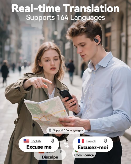 AI Translation Earbuds Real Time 164 Languages Translator Earbuds with 80H Play Time 3 in 1 Open-Ear Translation Headphones with Audio & Video Translation for Travel Business Meeting Learning (Black)