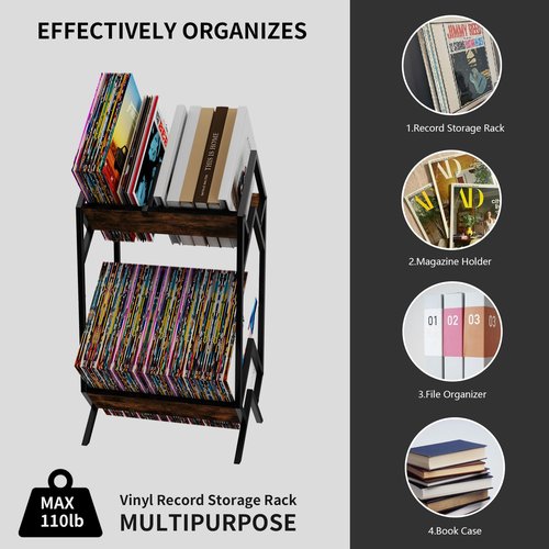 WOLiBOSS 2 Tier Vinyl Record Storage-Holds 80-100 LP Albums,Quick Assembly Vinyl Record Holder with Adjustable Dividers, Home & Studio Record Organizer for Magazine, Book, Files