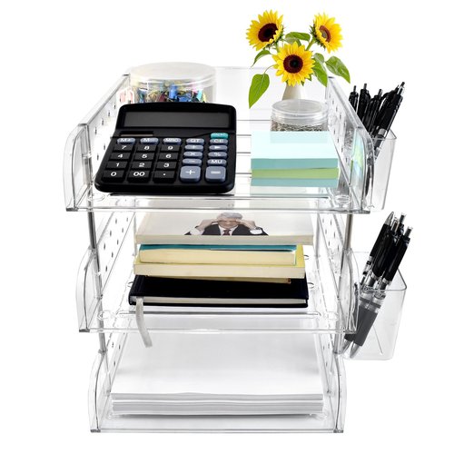 3 Tier Desktop File Organizer, Acrylic Clear Stackable Desktop Paper Organizer Letter Tray Shelf with Pen Holder, Pegboard Shelf Office Organizer for File Paper, Letter, A4 Office File, Books, Notes